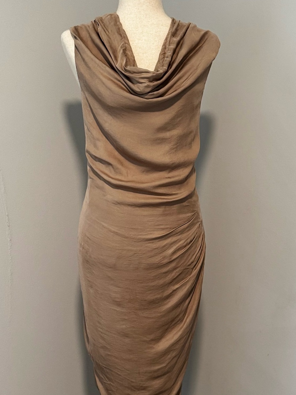 AllSaints Japanese Cloth Silk Draped Dress Taupe Size 6